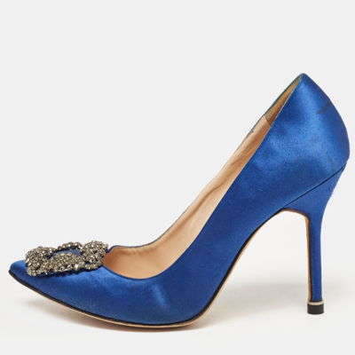 Pre-owned Manolo Blahnik Blue Satin Hangisi Pumps Size 37.5