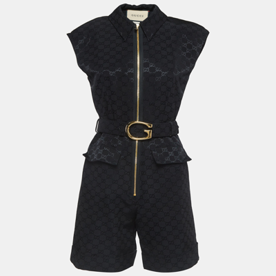 Pre-owned Gucci Black Monogram Jacquard Faille Belted Jumpsuit S