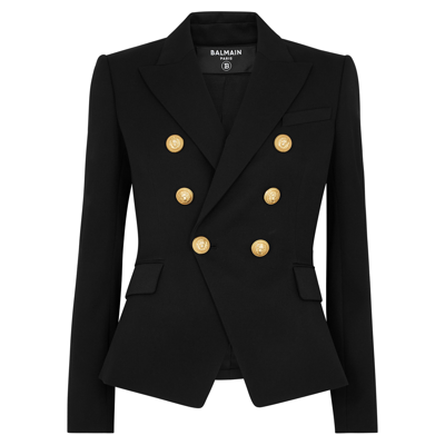 Balmain Women Black Double-breasted Jacket With Branded Buttons And Asymmetric Cut In Wool Woman