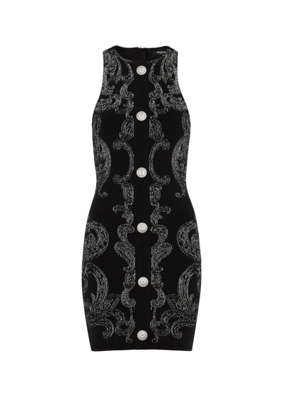 Balmain Metallic Paisley Jersey Halterneck Mini Dress In Black