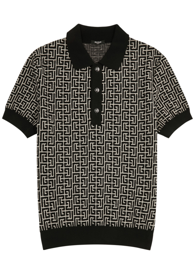 Balmain Monogram-intarsia Wool-blend Polo Shirt In Black