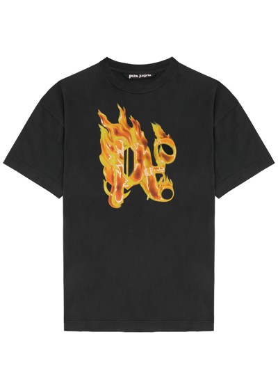 Palm Angels Burning Monogram Embellished Logo-print Cotton-jersey T-shirt In Gray