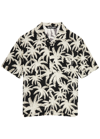 Palm Angels Black And White Short Sleeve Shirt With All-over Palm Print In Viscose In Black