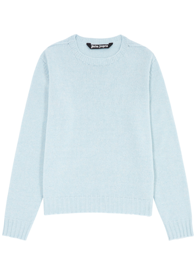 Palm Angels Logo-intarsia Wool-blend Jumper In Light Blue