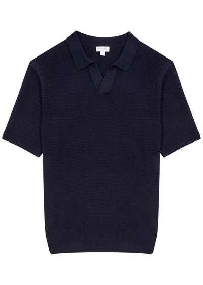 Sunspel Waffle-knit Cotton Polo Shirt In Navy