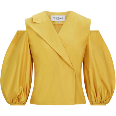 Femponiq Cold Shoulder Puff Sleeve Lapel Top (golden Yellow)