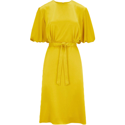 Femponiq Draped Puff Sleeve Satin Dress (golden Yellow)