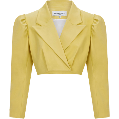 Femponiq Puff Shoulder Cropped Cotton Blazer (mustard Yellow)