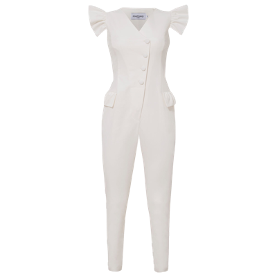 Femponiq Women's Ruffled Sleeve Tailored Jumpsuit - White