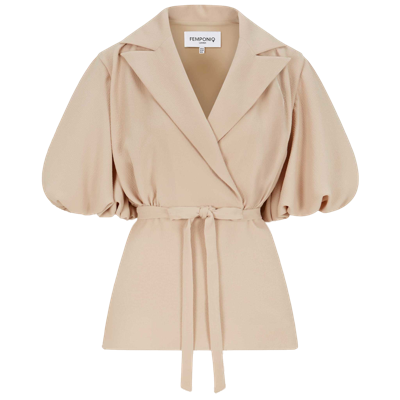 Femponiq Women's Neutrals Draped Puff Sleeve Tailored Blouse - Beige