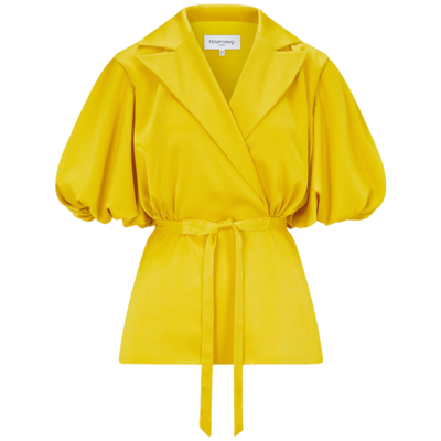 Femponiq Women's Yellow / Orange Draped Puff Sleeve Satin Blouse - Golden Yellow In Yellow/orange