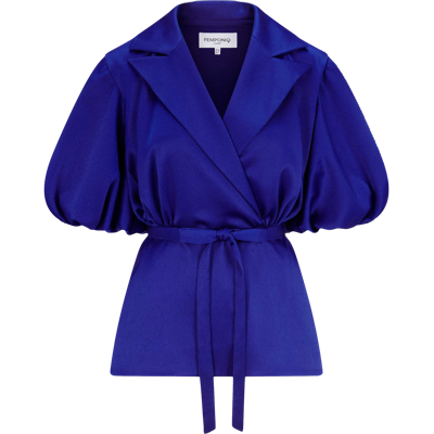 Femponiq Women's Draped Puff Sleeve Belted Blouse - Royal Blue