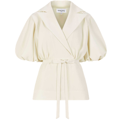 Femponiq Draped Puff Sleeve Tailored Blouse (ivory) In White