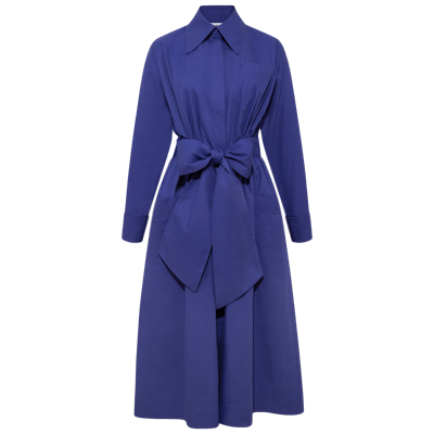 Femponiq Cotton Belted Gathered Maxi Shirt Dress (vivid Blue)