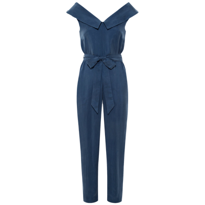 Femponiq Women's Off Shoulder Belted Vegan Jumpsuit - Dark Denim Blue