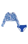 ANDY & EVAN ANDY & EVAN KIDS' BLUE MARBLE LONG SLEEVE TWO-PIECE RASHGUARD SWIMSUIT