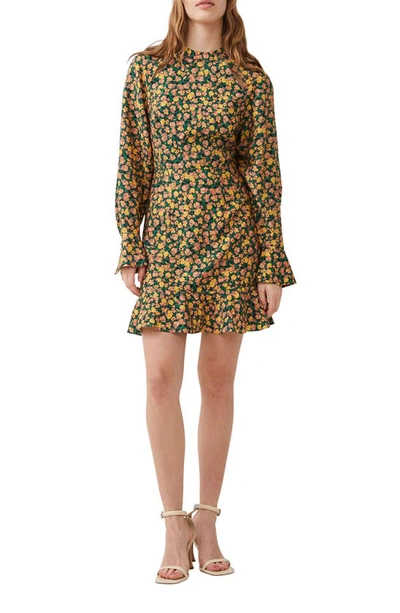 French Connection Aleezia Floral Print Cutout Long Sleeve Fit & Flare Dress In Forest Green