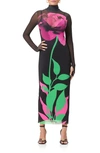 Afrm Shailene Long Sleeve Turtleneck Mesh Dress In Noir Placed Rose