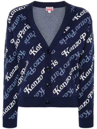 Kenzo Verdy Intarsia-logo Cropped Cardigan In Dark Blue