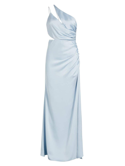 Ramy Brook Kaydence One-shoulder Cutout Detail Satin Sheath Gown In Crystal Blue