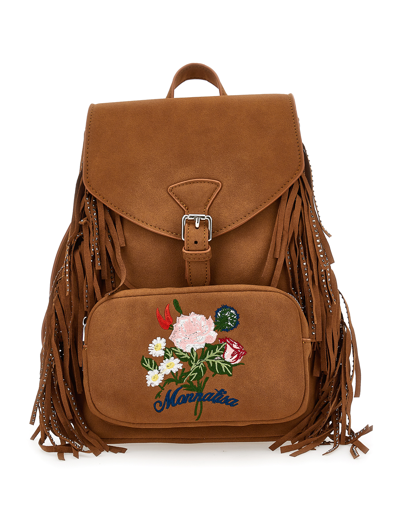 Monnalisa Microfiber Backpack With Fringes In Brown