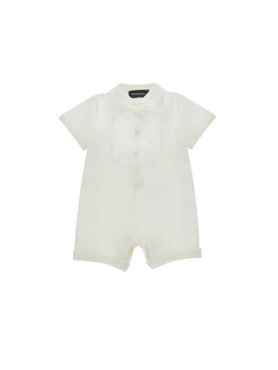 Monnalisa Kids'   Seersucker Romper With Plastron In Cream