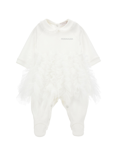 Monnalisa Kids'   Playsuit With Ruffled Skirt In Cream
