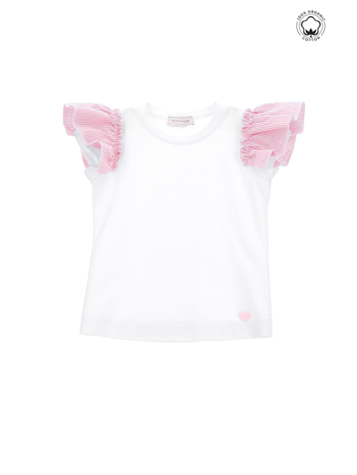 Monnalisa Organic Cotton T-shirt With Flounces In White + Rosa Fairytale