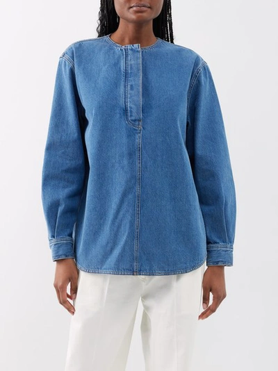 Totême Collarless Cotton Denim Shirt In Vibrant Blue