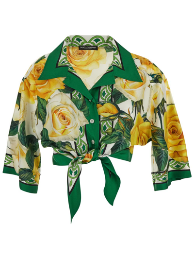 Dolce & Gabbana Rose-print Cropped Silk Shirt In Multicolour