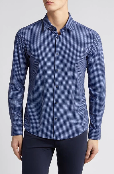 Hugo Boss Slim-fit Shirt In Printed Performance-stretch Fabric In Dark Blue