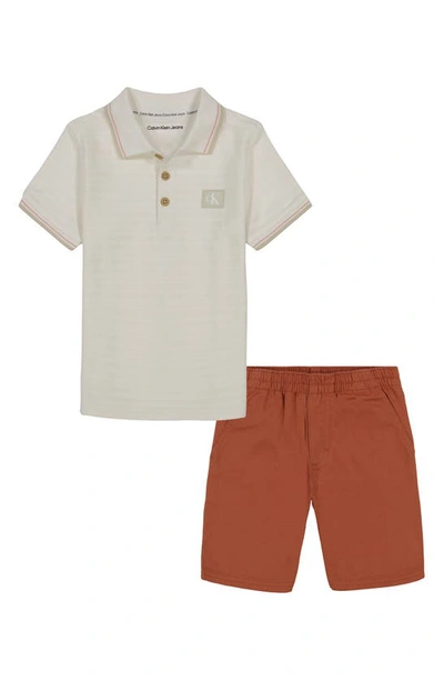 Calvin Klein Kids' Toddler Boys Herringbone Short Sleeve Polo Shirt And Twill Shorts, 2 Piece Set In Cream