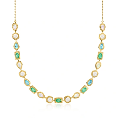 Ross-simons Opal And 4.5-5mm Cultured Pearl Necklace With Emerald And Swiss Blue Topaz In 18kt Gold Over Sterlin In Multi