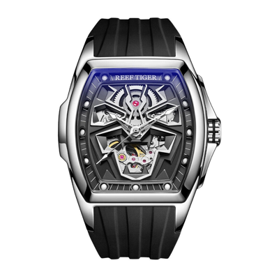 Pre-owned Reef Tiger Men Automatic Watch Luxury Mechanical Tonneau Case Luminous Skeleton