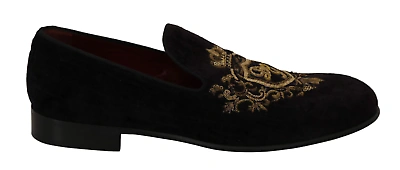 Pre-owned Dolce & Gabbana Elegant Black Loafers With Gold Crown Embroidery In Brown