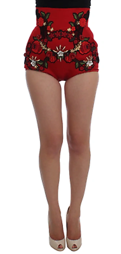 Pre-owned Dolce & Gabbana Ravishing Red Silk Embroidered Shorts