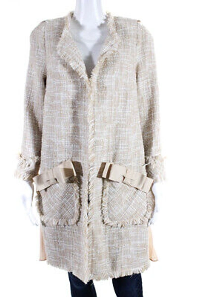 Pre-owned Edward Achour Womens Pleated Chiffon Tweed Hook & Eye Jacket Beige Ivory Fr 44
