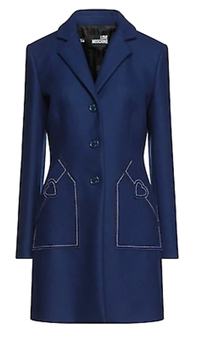 Pre-owned Moschino Love  Chic Blue Wool Blend Coat With Heart Embroidery