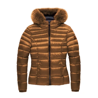 Pre-owned Refrigiwear Elegant Padded Down Jacket With Fur Hood In Brown