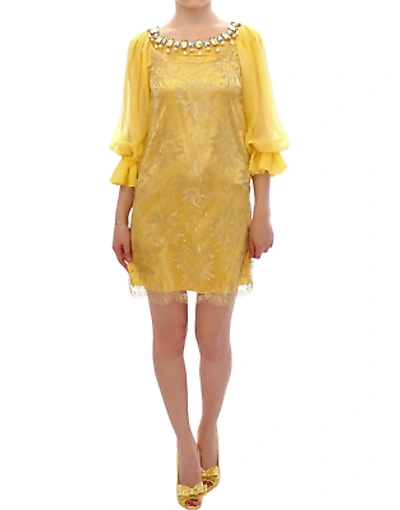 Pre-owned Dolce & Gabbana Yellow Lace Crystal Mini Dress