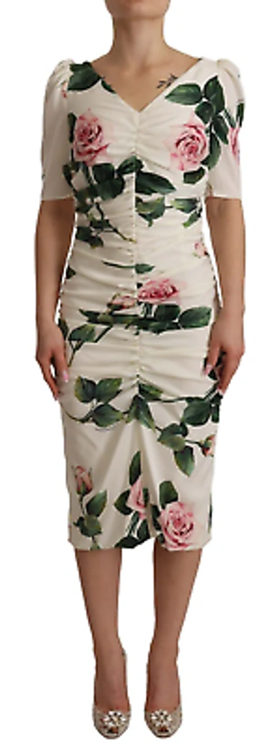 Pre-owned Dolce & Gabbana White Roses Print Stretch Silk Pleated Dress