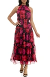 Nina Leonard Floral Sleeveless Tiered Chiffon Maxi Dress In Black/ Red Multi