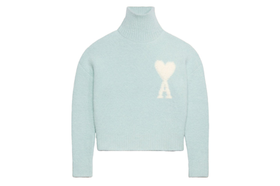 Pre-owned Ami Alexandre Mattiussi Ami Paris Cloudy Wool Ami De Coeur Sweater Aquamarine/ivory