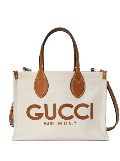 Gucci Linen And Leather Tote Bag In Beige