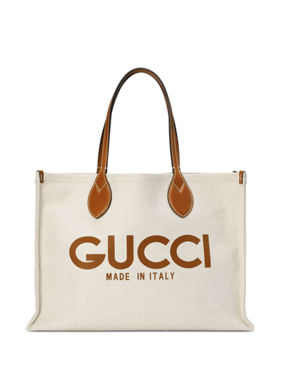 Gucci Linen And Leathet Tote Bag In Beige
