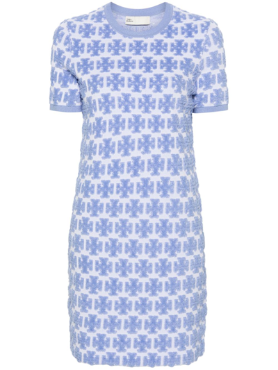 Tory Burch Double T-monogram Bouclé Dress In Blue Hydrangea/white