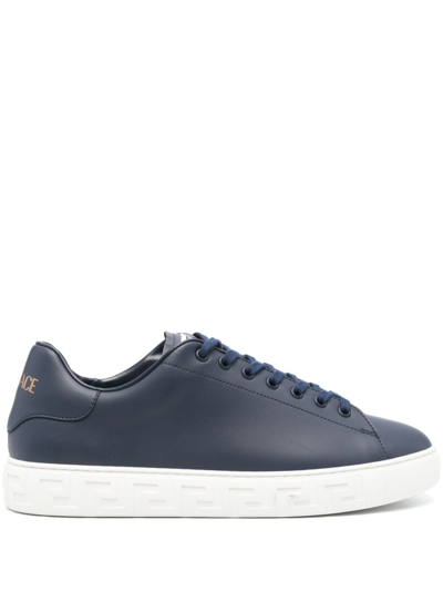 Versace Greca Leather Trainers In Blue