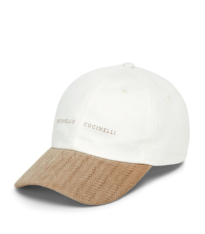 Brunello Cucinelli Men's Denim Effect Linen And Suede Baseball Cap With Embroidery In White