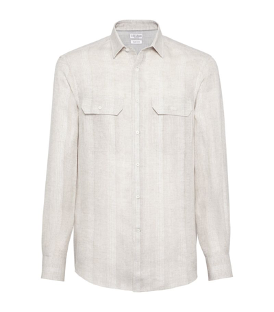 Brunello Cucinelli Striped Linen Shirt In Beige