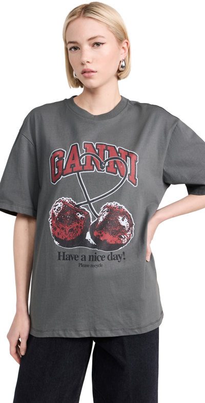 Ganni Cherry Print Cotton T-shirt In Grey